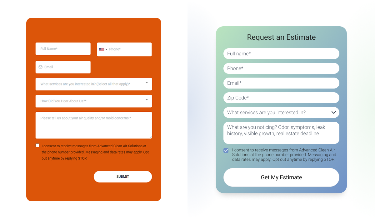 Comparison of the old blocky orange contact form vs the sleek single-column form