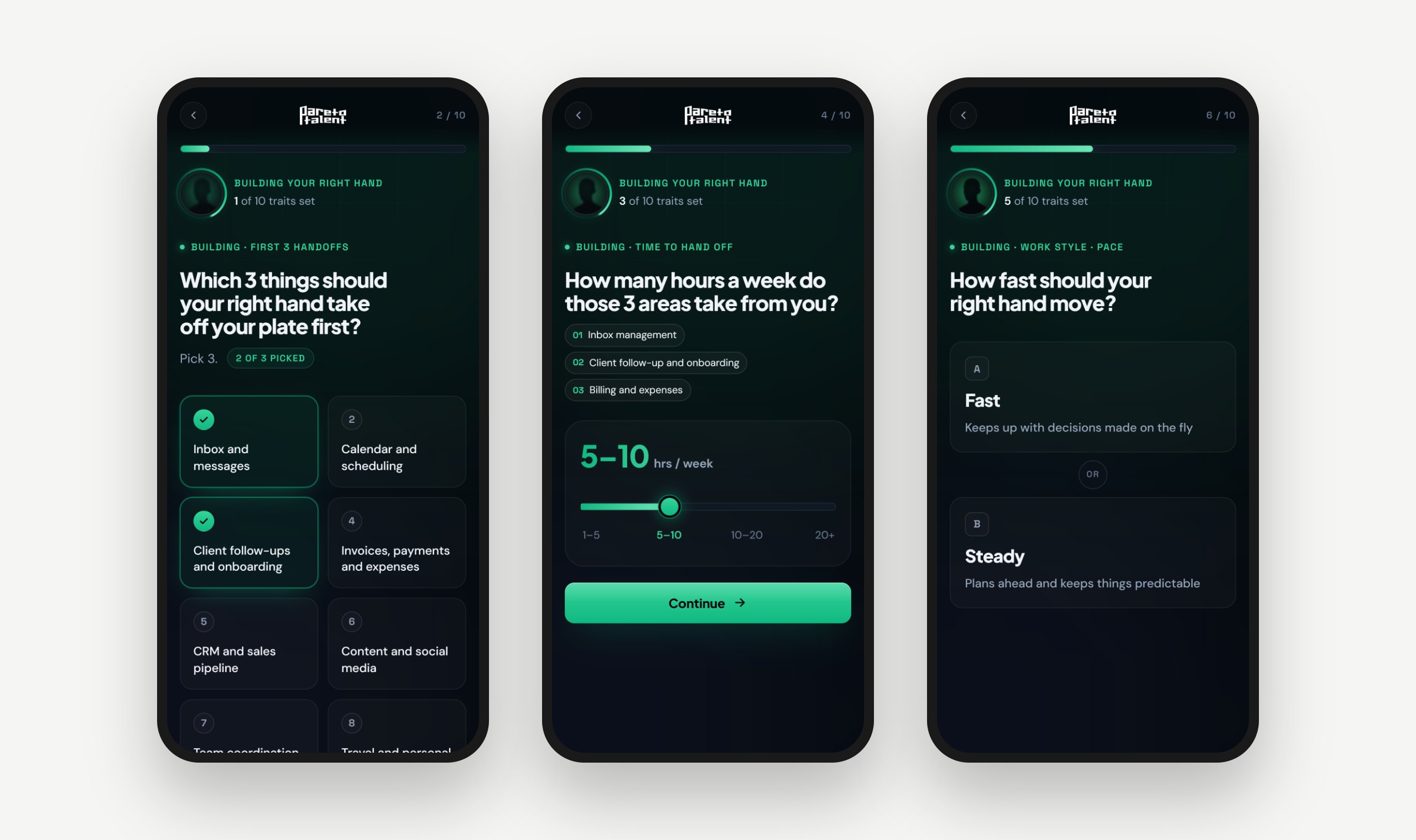 Three quiz screens on mobile: pick-3 tiles, an hours slider, and an A/B choice