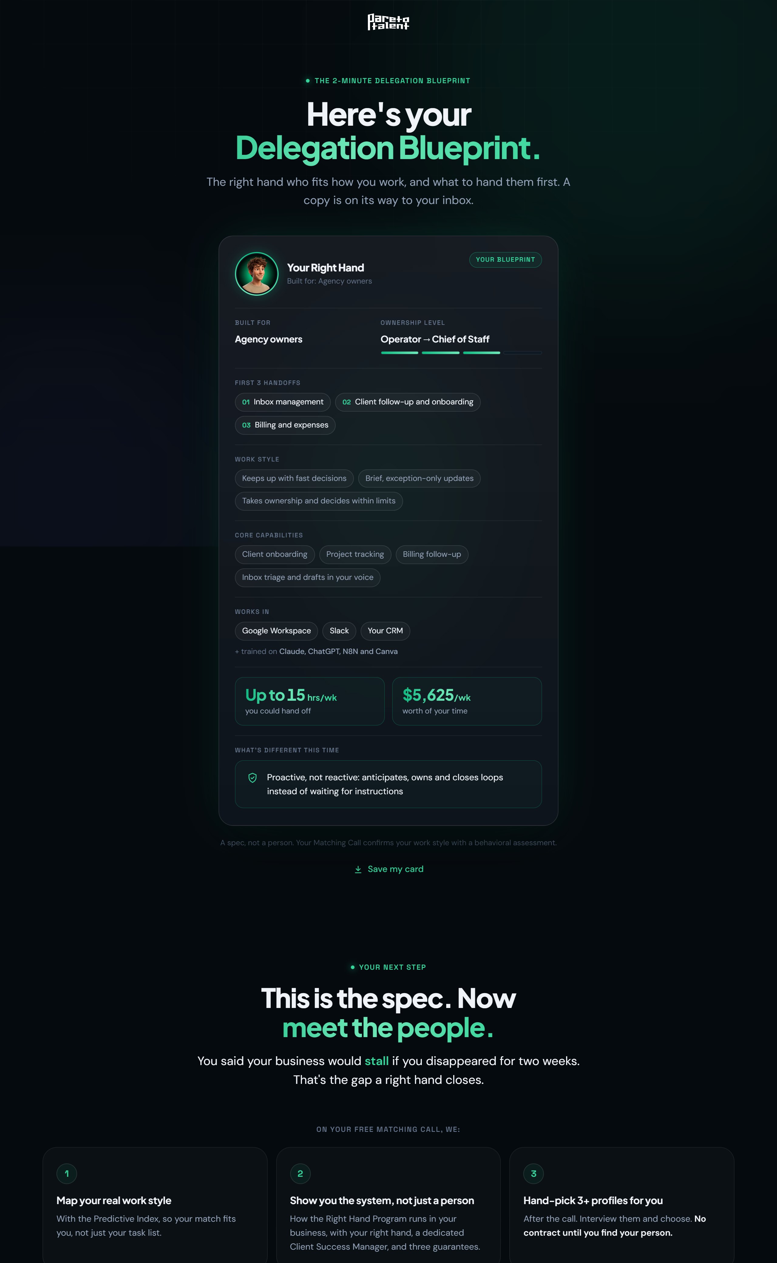 Results page with the founder's right-hand card and the bridge to the Matching Call